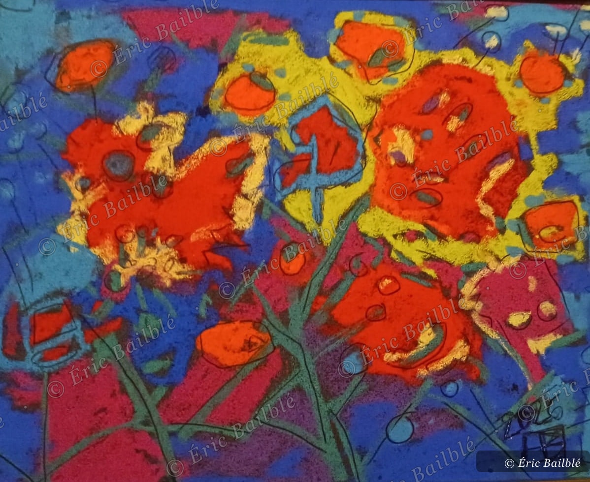 Coquelicots, plein midi, pastel d'Éric Bailblé