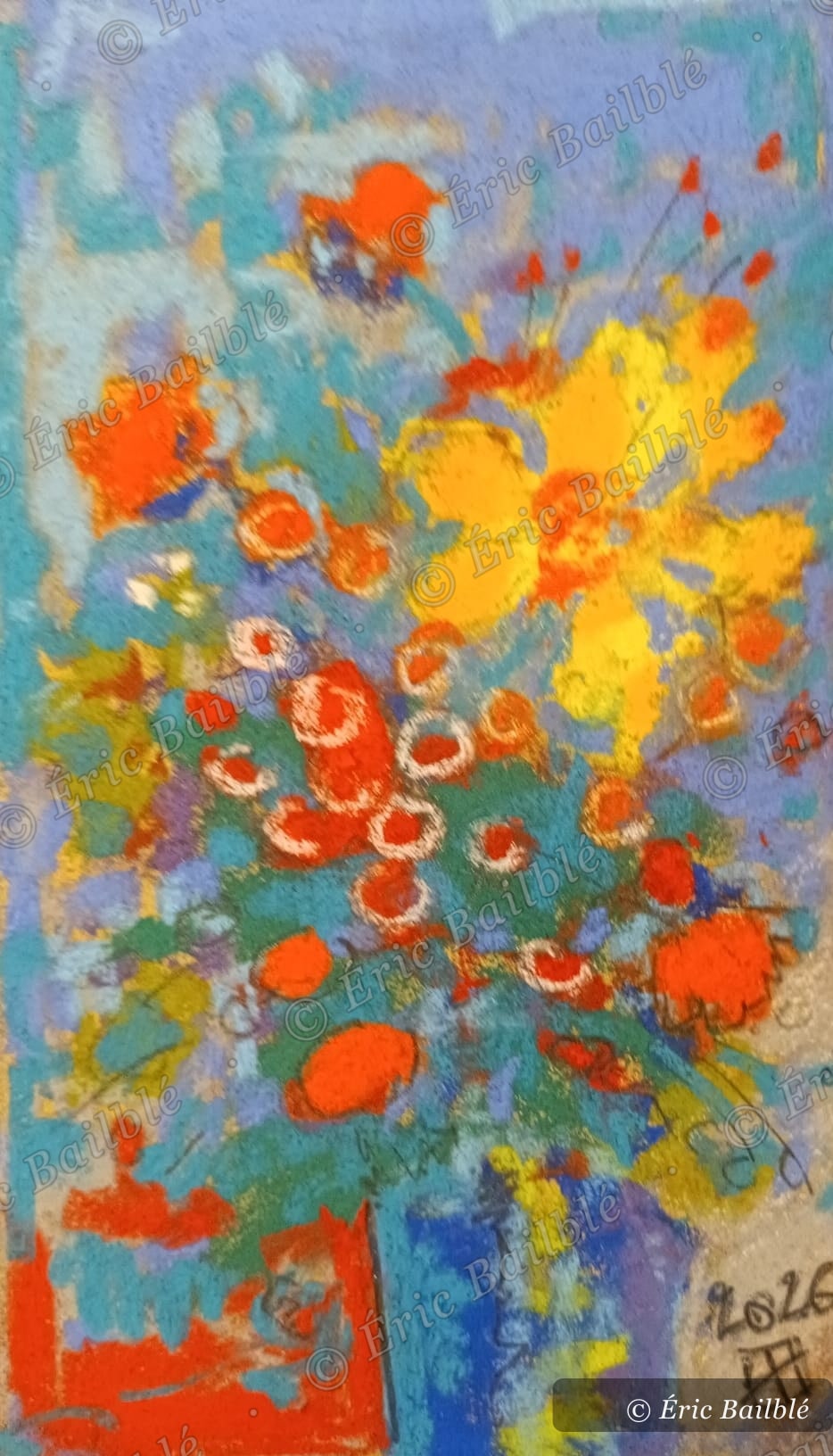 Bouquet contre un mur bleu, pastel d'Éric Bailblé