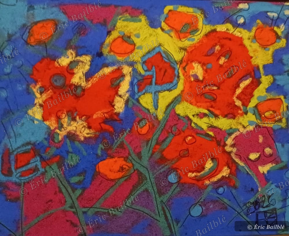 Coquelicots, plein midi, pastel d'Éric Bailblé