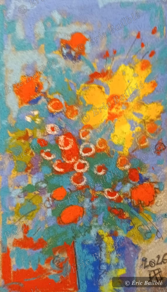 Bouquet contre un mur bleu, pastel d'Éric Bailblé